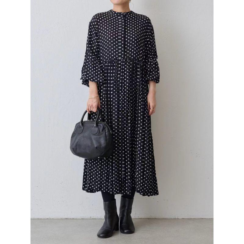 And Autumn Women's Clothing Round Neck and Long Pattern Pleated Nine-Quarter Sleeve Polka Dot Dress Loose Slim Looking Plus Size High Waist Long Dress