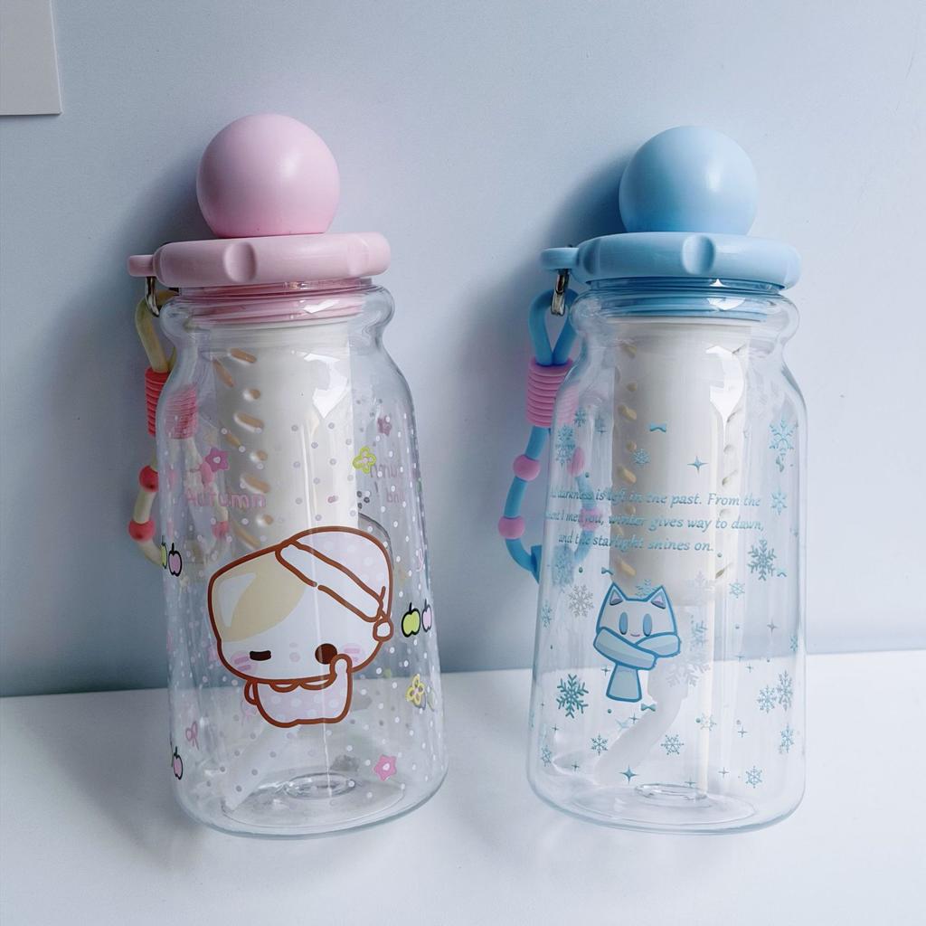Water bottle: New cartoon girls' water cup, food-grade PC straw cup, high-temperature resistant, large capacity, portable student plastic cup
