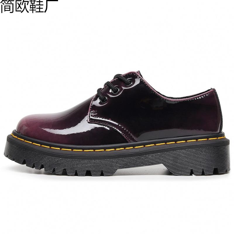 1 thick-soled hole small leather shoes female, low-top leather color-changing green round head casual student medium thick pine