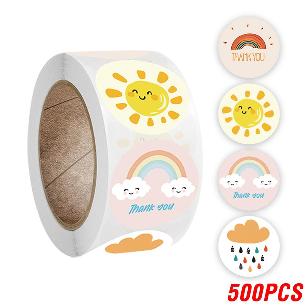 100-500 Pcs Round  Thank You Stickers Cute Cartoon Sun Rainbow Clouds Sticker For Handmade Gift Decor Labels Kids Reward Sticker