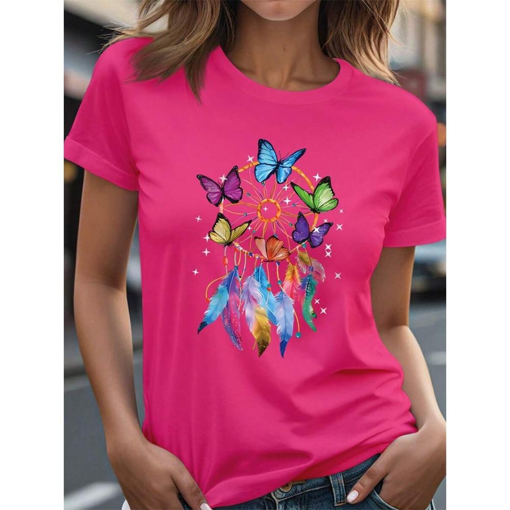 Traumfänger Aufdruck Damen O-Ausschnitt T-Shirt Sommer Täglich Lässig Damen Kurzarm Top Outdoor Street Damenmode T-Shirt