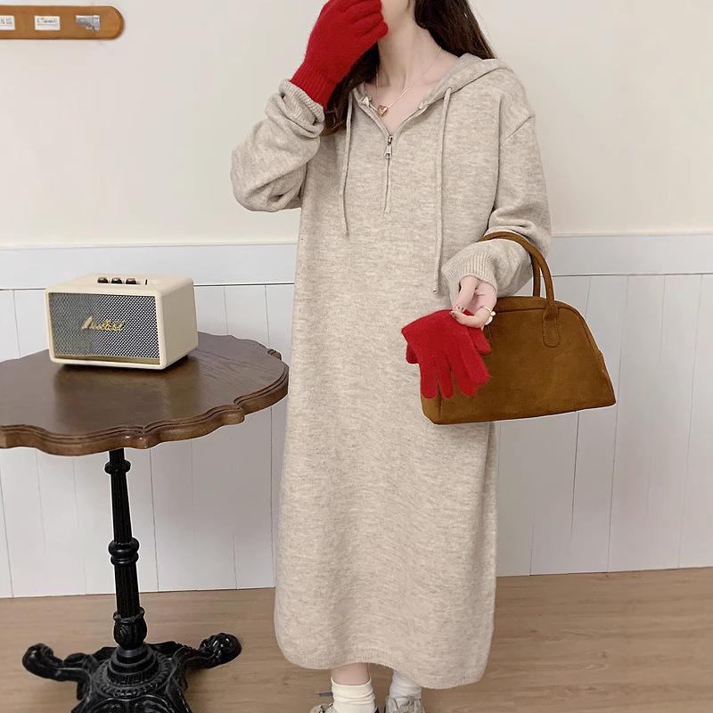 

Свитер с капюшоном, вязаная юбка, осень и зима, новый простой свободный свитер на молнии, однотонное платье до колена One Size