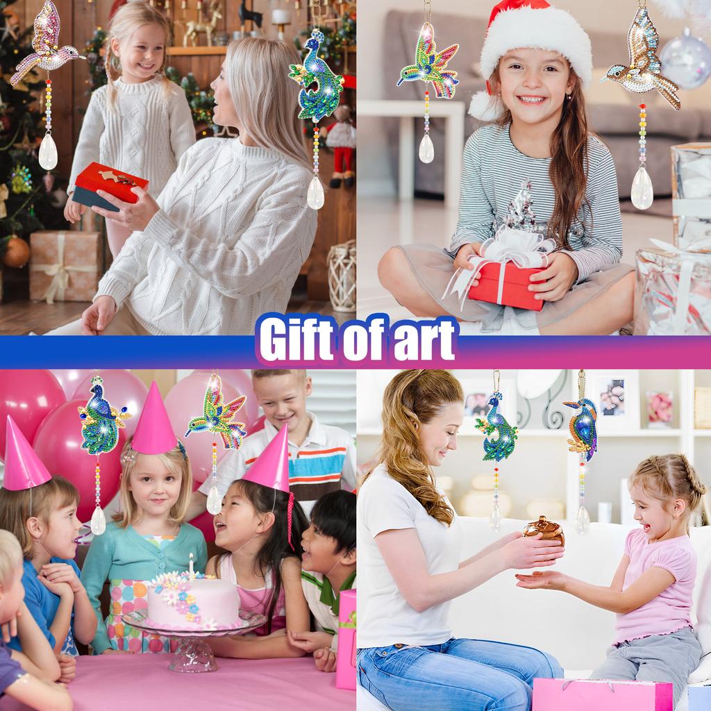 6 Pcs Diamond Painting Wind Chime Rhinestone Hummingbird Diamond Art Suncatcher Double Sided 5D DIY Diamond Painting Home Decor