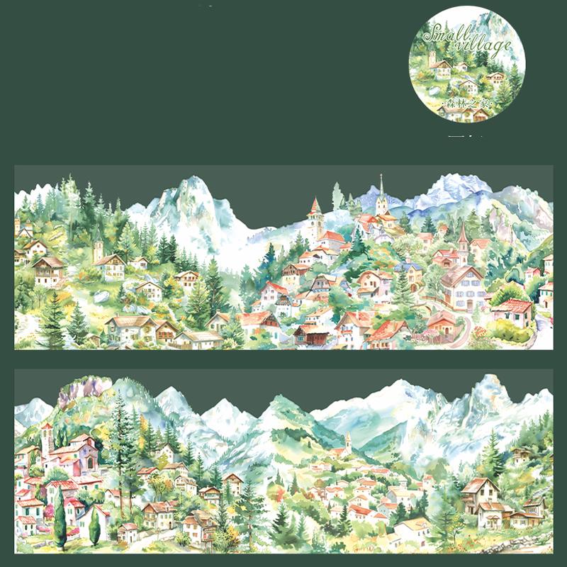 1 Roll/bag Landscape Tape PET Small Village Series House Landscape Hand Account Base Material DIY Decoration Card Gift Sticker