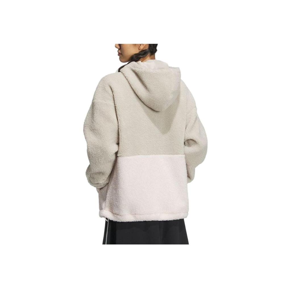 adidas Color Block Loose Fit Zip Up Hooded Drawstring Fleece Jacket Women Jackets Beige IK9863