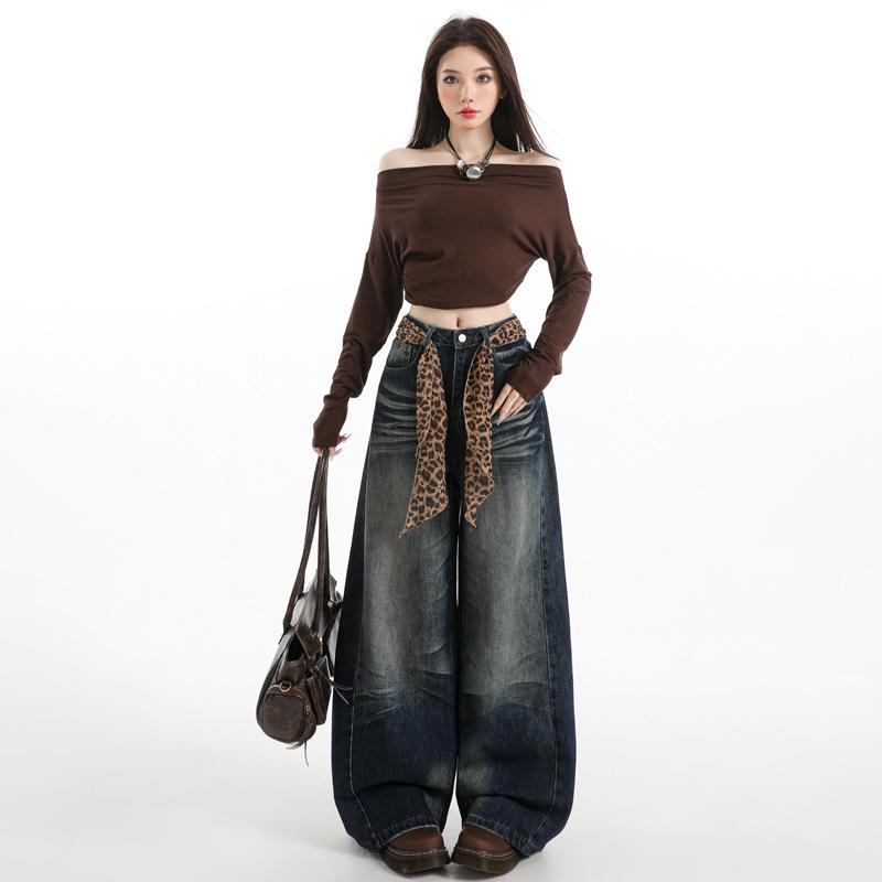 Dámské retro modré džíny s vysokým pasem a širokými nohavicemi - Všestranné, volný střih, podzimní móda.