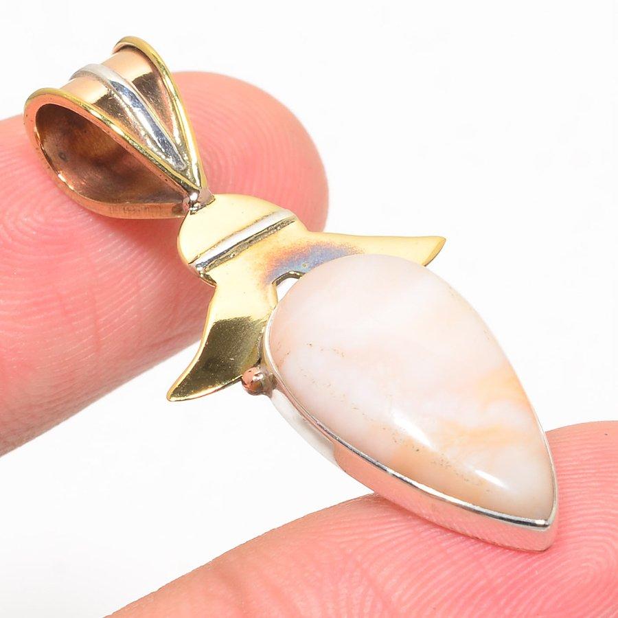Natural Pink Opal Gemstone Two Tone 925 Solid Sterling Silver Pendant 1.75" J8t93