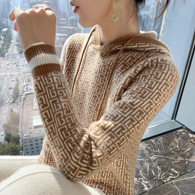 Jacquard Wool Hoodie for Women In Autumn and Winter New Casual and Versatile Cashmere Knitted Sweater Soft and Glutinous Skin-friendly Sweater