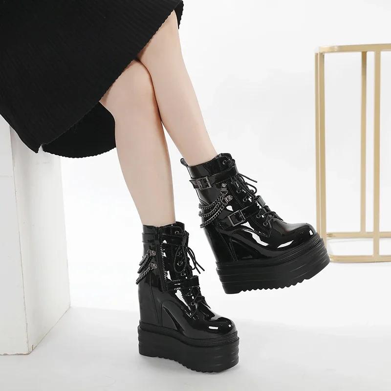 Fashion 14CM Gothic Black Ankle Boots For Women Plus High Heel Female Shoes Lace-Up Nigh Club Black Sexy Rivets Chain Short Boots