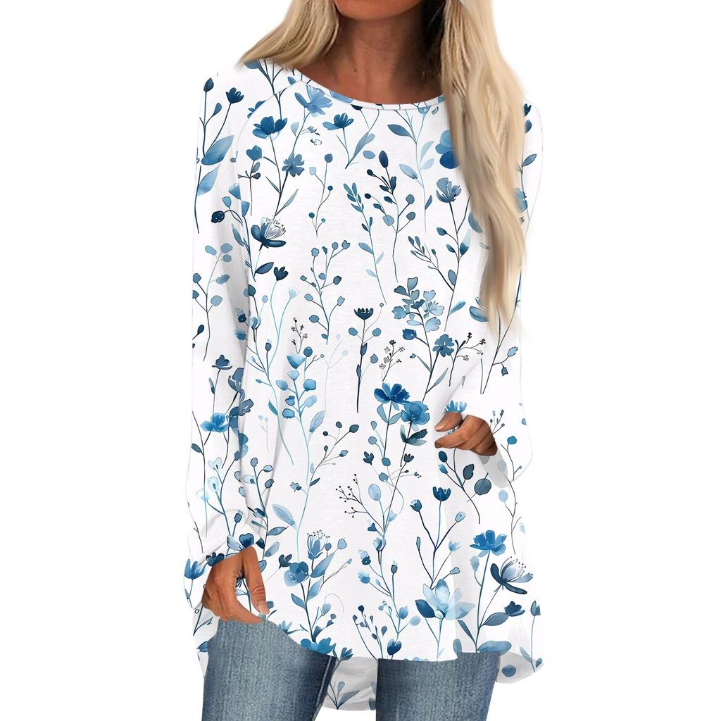 Women's Fashion Casual Long Sleeve Print Round Neck Pullover Top Blouse