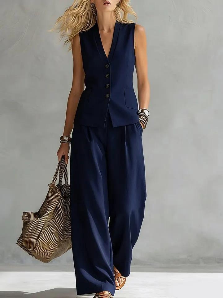 Women's Sleeveless Vest Two Piece Set V Neck Button Waistcoat Wide Leg Pants Linen Blend Commuter Suit Summer Outfit