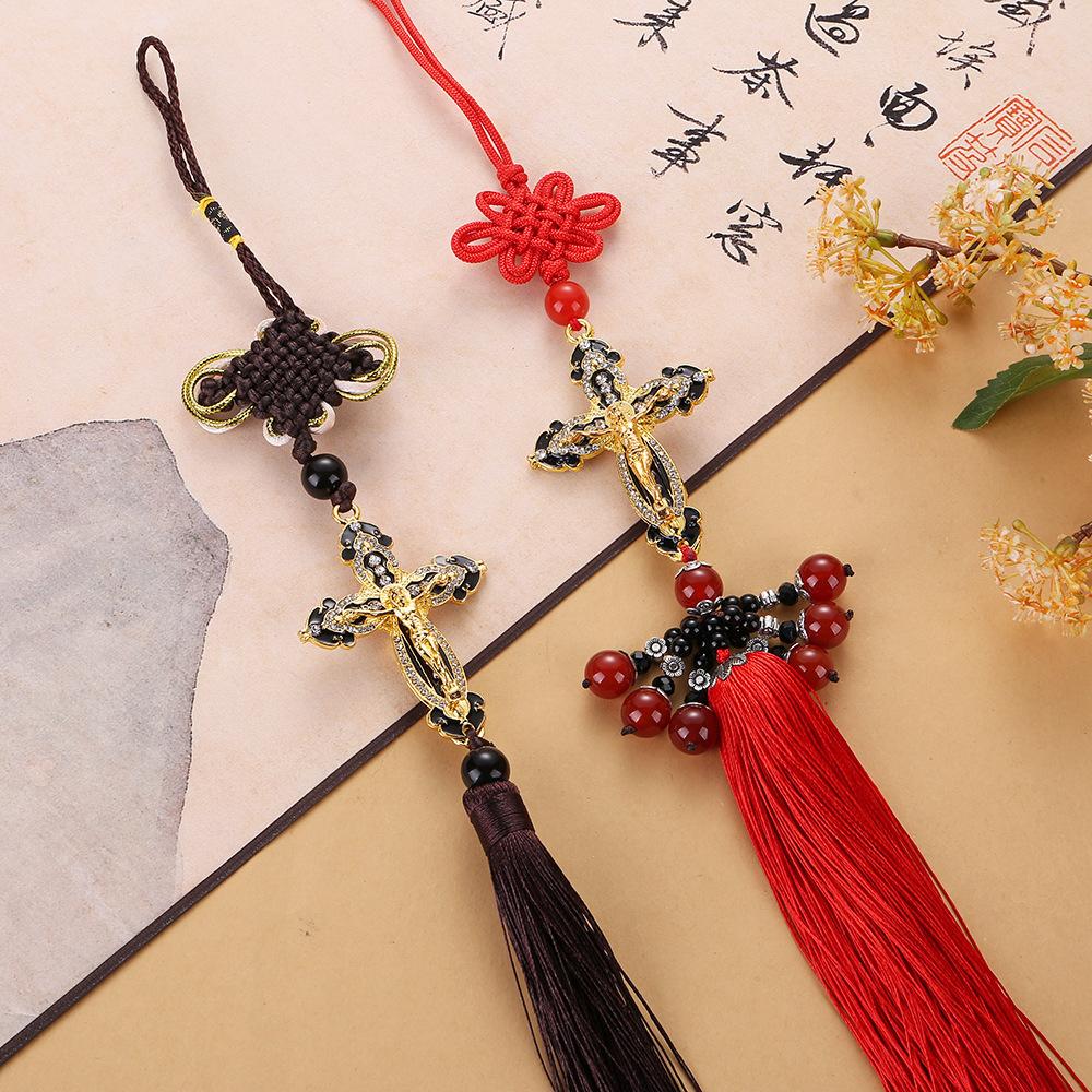 Classic Style Cross Pendant Chinese Knot Black Tassel Car Rearview Mirror Holder for Car Interior Decoration