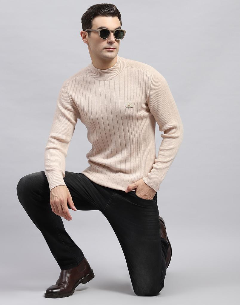 MONTE CARLO Pánský jednobarevný béžový pulovr s vysokým límcem a dlouhým rukávem