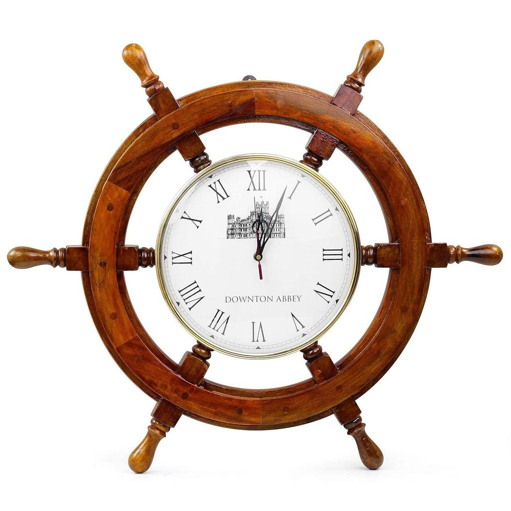 Premium Wood Ship Wheel W/Downton Abbey Time's Clock | Pirate's Gift | Beach Home Decor | Nagina International (30 Inches