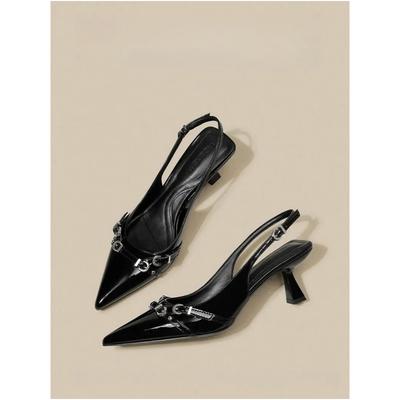 Xiaoxiangfeng Black Patent Leather Pointed Special-shaped Heel High-heeled Single Shoes 2025 Spring New Supermodel Same Fashion Sandals