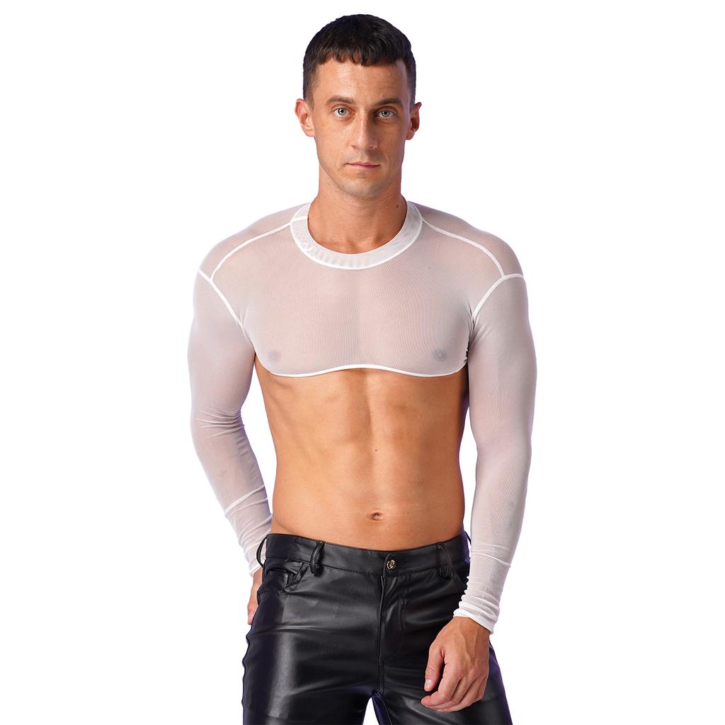 Mens See-Through Sheer Mesh Half Tank Tops Shirts Long Sleeve Body Chest Harness Crop Top Sexy Tanks Arm Sleeves Shrug Clubwear