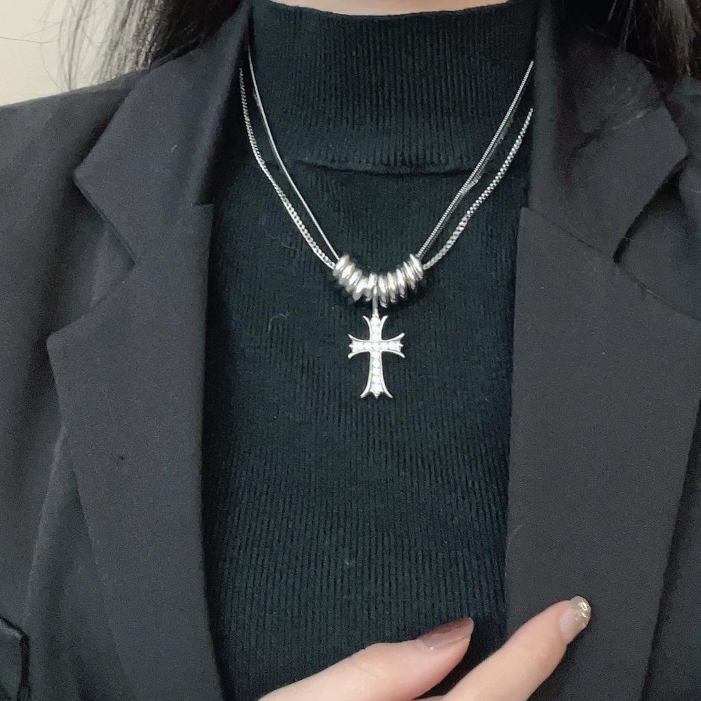 Cool hip-hop double-layer cross necklace autumn and winter new fashion design sweater chain unisex accessories