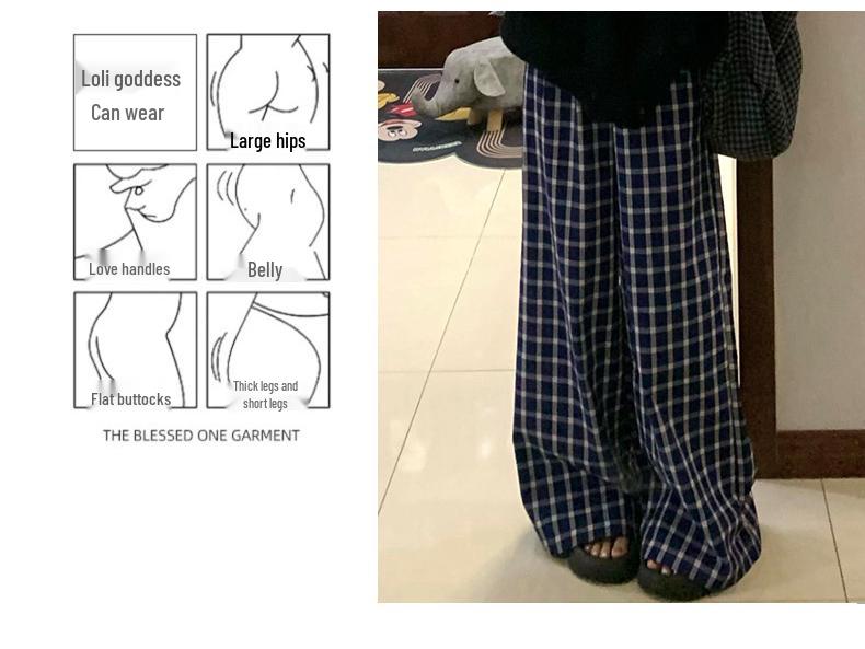Plus Size Retro Blue Plaid High Waist Wide Leg Pants for Women - Autumn Winter Casual Loose Fit.