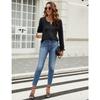 Damen Freizeit Einfarbige V-Ausschnitt Langarm Puffärmel Chiffon Bluse Top