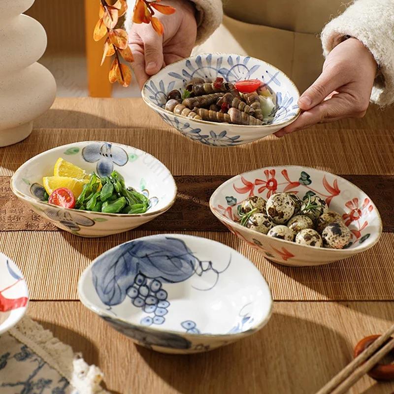 Assiette en céramique irrégulière créative, style rétro, peinte à la main, avec fleurs, assiettes à dîner, pour le petit-déjeuner, la salade, les fruits, vaisselle exquise