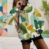 Women Plus Size Geometric Printed Long Sleeve Drawstring Hood Kangaroo Pocket Pullover Hoodie