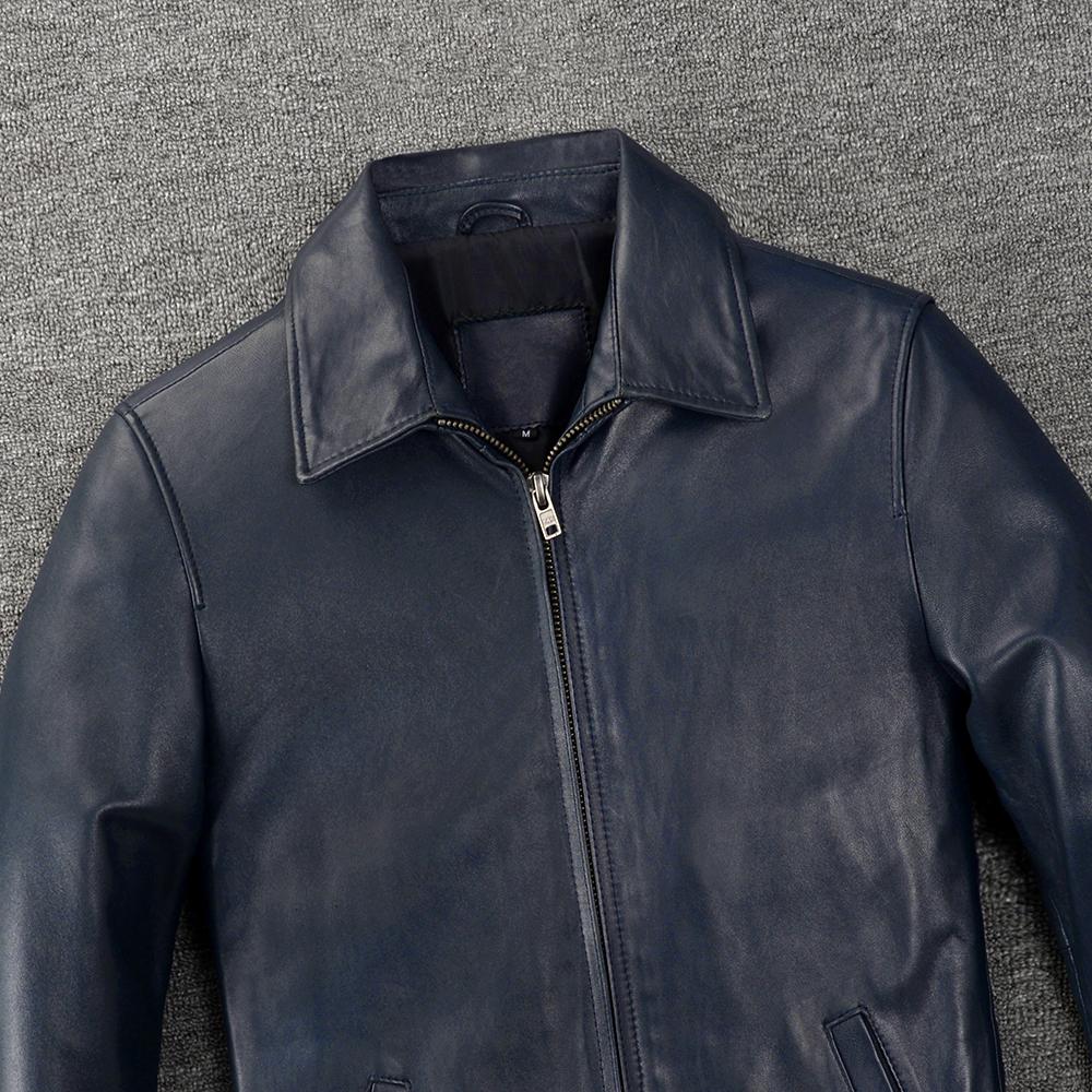 100% Natural Sheepskin Men Genuine Leather Jacket Casual Soft Thin Men's Leather Jacket Blue Coat Spring Autumn