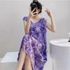 Large Size Loose Long Nightgown Simple Lazy Style Printed Sleeveless Tank Dress Sexy V-Neck V-Back Home Clothes Loungewear
