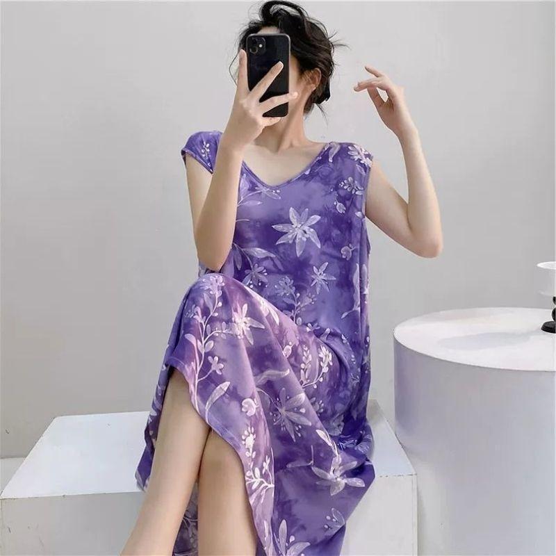 Large Size Loose Long Nightgown Simple Lazy Style Printed Sleeveless Tank Dress Sexy V-Neck V-Back Home Clothes Loungewear