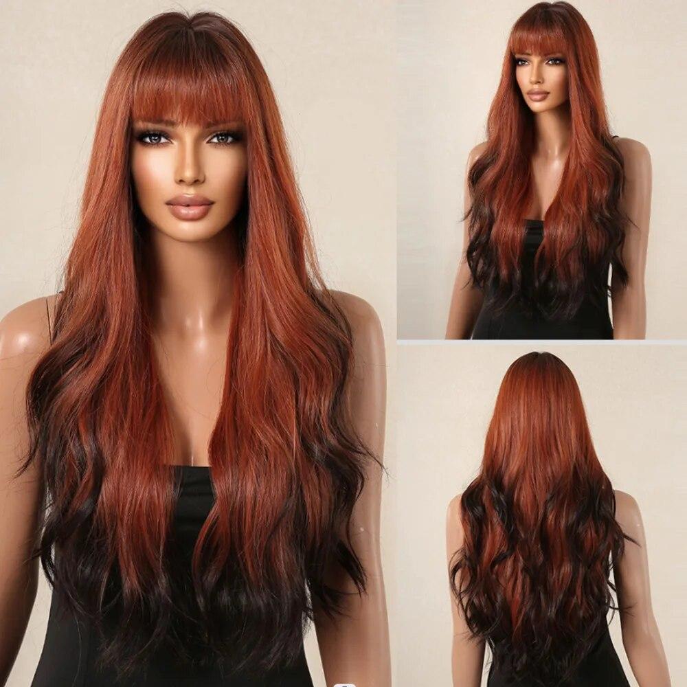 ALAN EATON Brown Synthetic Wig with Purple Highlights Colored Cosplay Party Hair Long Wavy Wigs with Bangs Heat Resistant Fiber