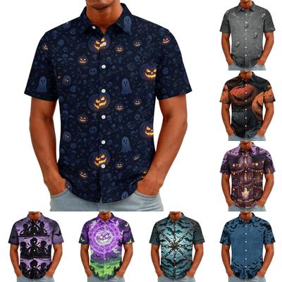 Men's Halloween Print Vintage Texture Shirt Open Front Short Sleeve Loose Breathable Summer Casual Streetwear Daily Shirt