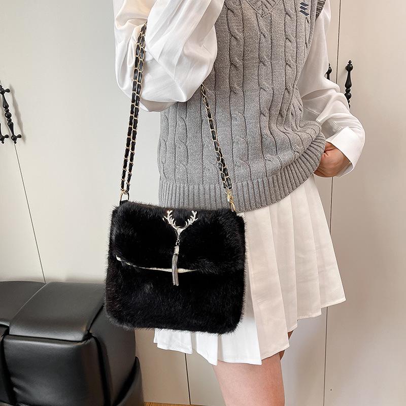 2025 Autumn/Winter Plush Tassel Antler Crossbody Shoulder Bag - Versatile Small Square Fashion Handbag