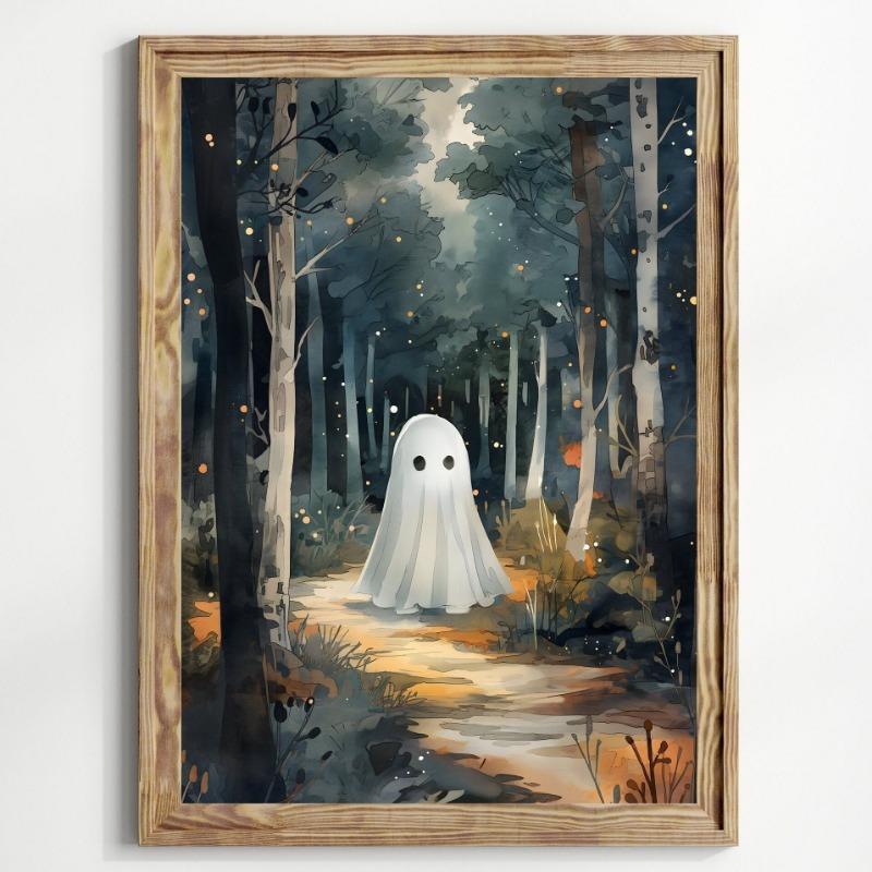 Poster Print Fantomă și Pisică Neagră Flori Sălbatice de Pădure Pictură pe Pânză cu Dovleac Artă Spooky de Halloween Cameră Dark Academia Decor Acasă