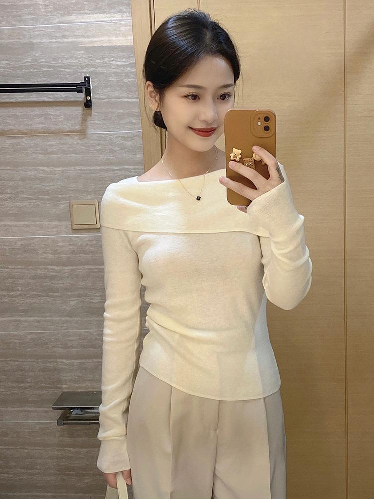 Spring gentle wind one-word shoulder knitted top women's slim pure desire sweater temperament fashionable bottoming shirt