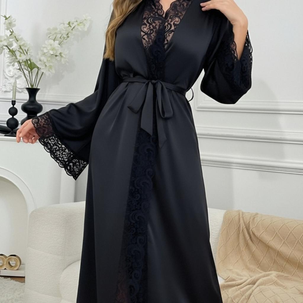 Neuer einfarbiger Spitzen-Nachthemd-Bademantel-Pyjama für Damen
