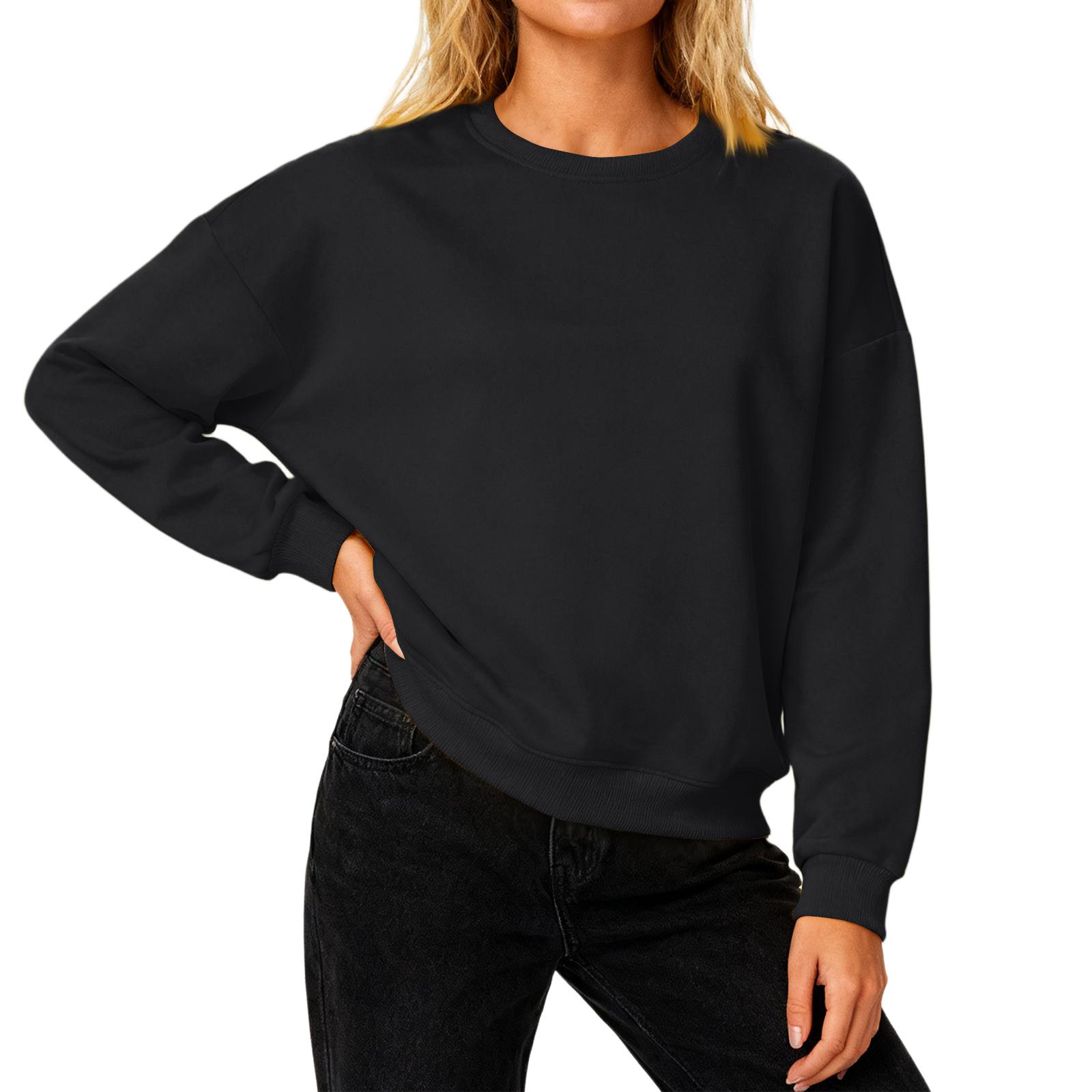 

Женский свободный удобный повседневный и модный свитшот с круглым вырезом, рукавами с резьбой, однотонный, с длинными рукавами L чёрный