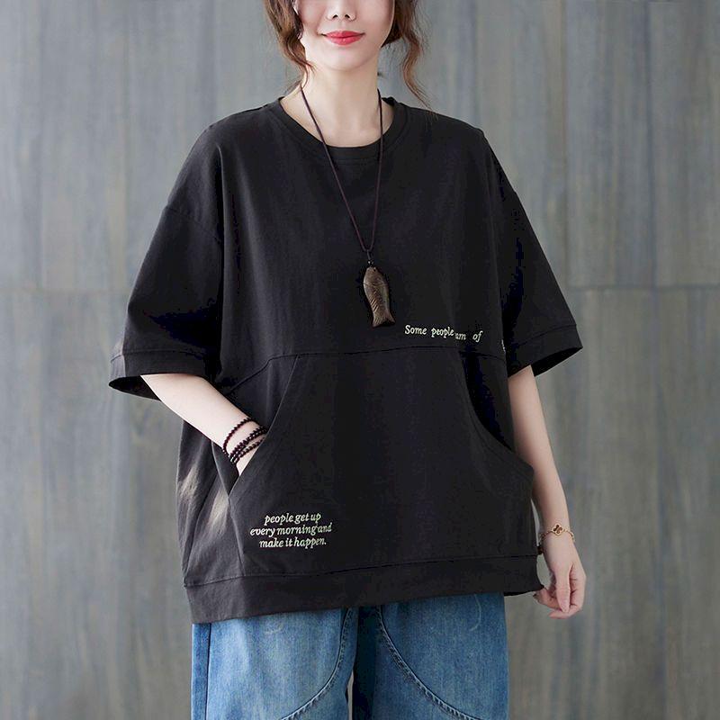 Bawełniane T-shirty Damskie Moda Haft Literacki Oversize T-shirt Casual Luźny Krótki Rękaw Pulower Kieszeń T-shirt Letni
