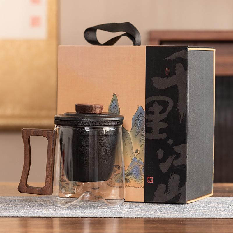 Black sandalwood handle office cup ceramic liner filter glass tea cup high-end anti-scalding gift box portable gift