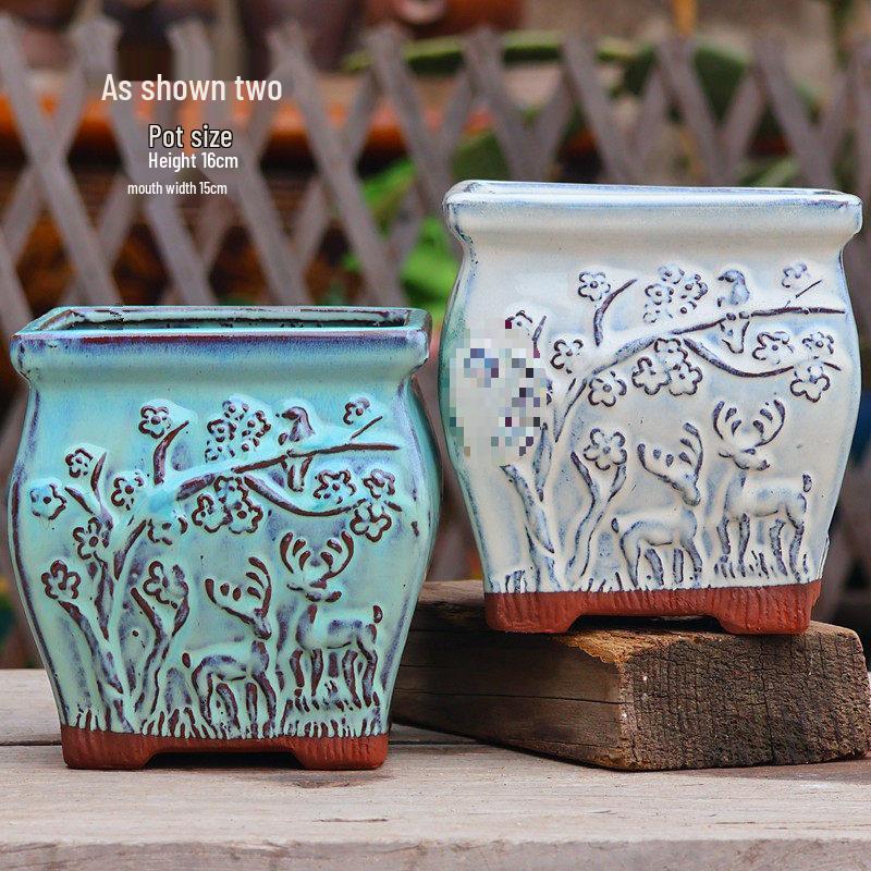 Handmade Embossed Rose Ceramic Succulent Pot, Tall Breathable Coarse Pottery, Large Mouth Plant Pot with Flower Design.