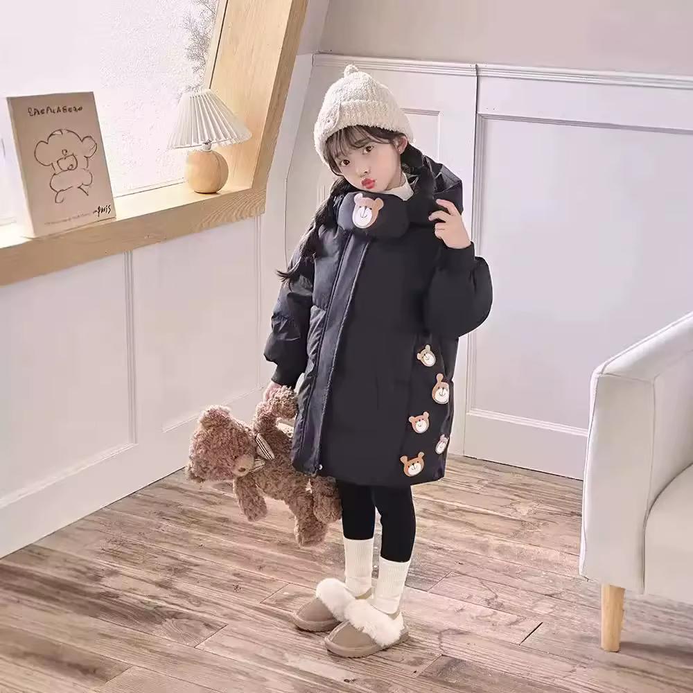 Winter Girls Down Jacket Long Style Thick Warm Cartoon Bear Hooded Coat for Kids Children Outerwear Clothing