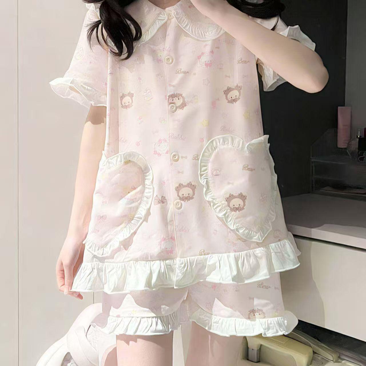 

Japanese sweet pink rabbit bear pajamas women s summer short-sleeved shorts doll collar two soft cute princess style loungewear S