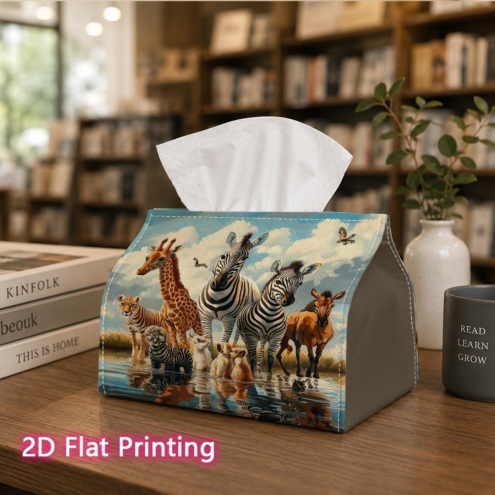 1pc, 2d Flat Printing, Tissue Box Wild Animal Patterns by the Water Pit Printed Tissue Box, Suitable for Home, Car, and Party Decoration Tissue Holder