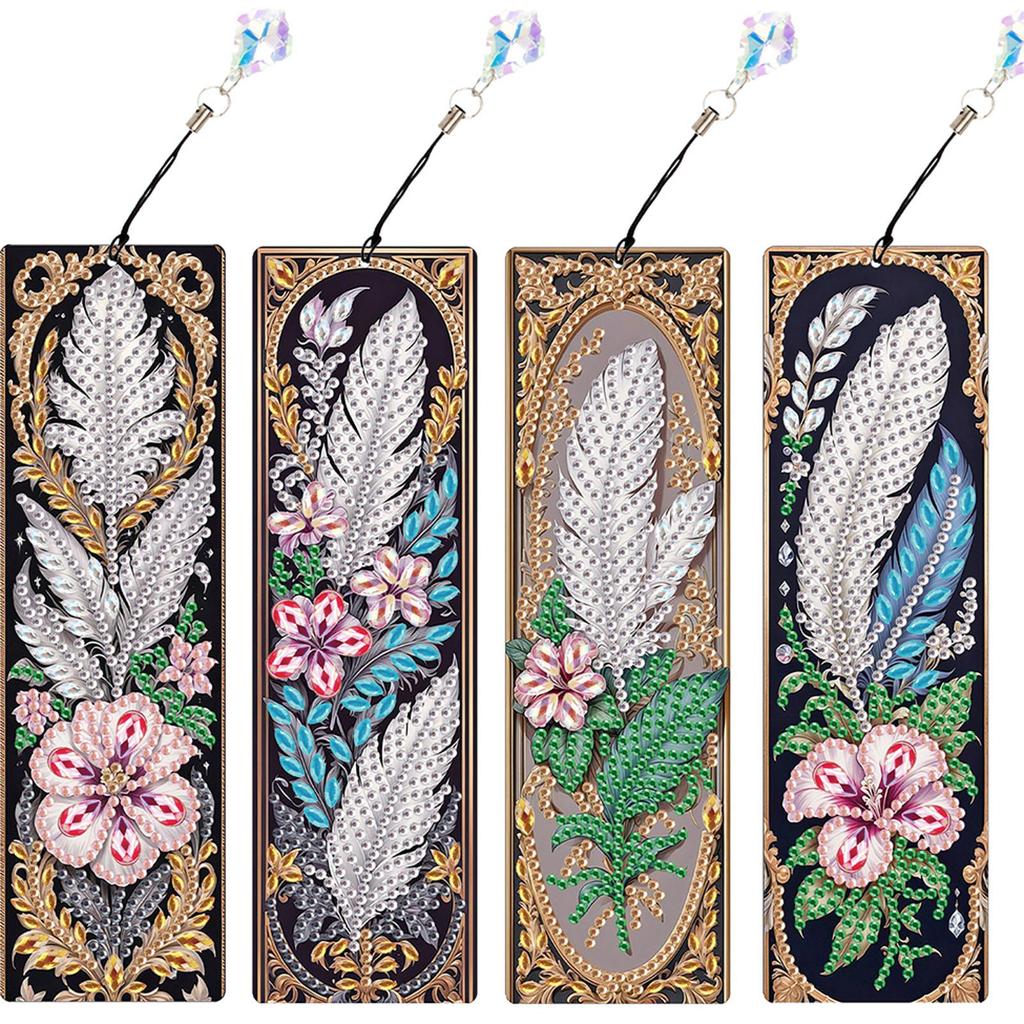 4Pcs Special Shape Beautiful Feathers 5D DIY Diamond Painting Bookmark DIY Bookmarks Diamond Painting Kits for Adults Beginners