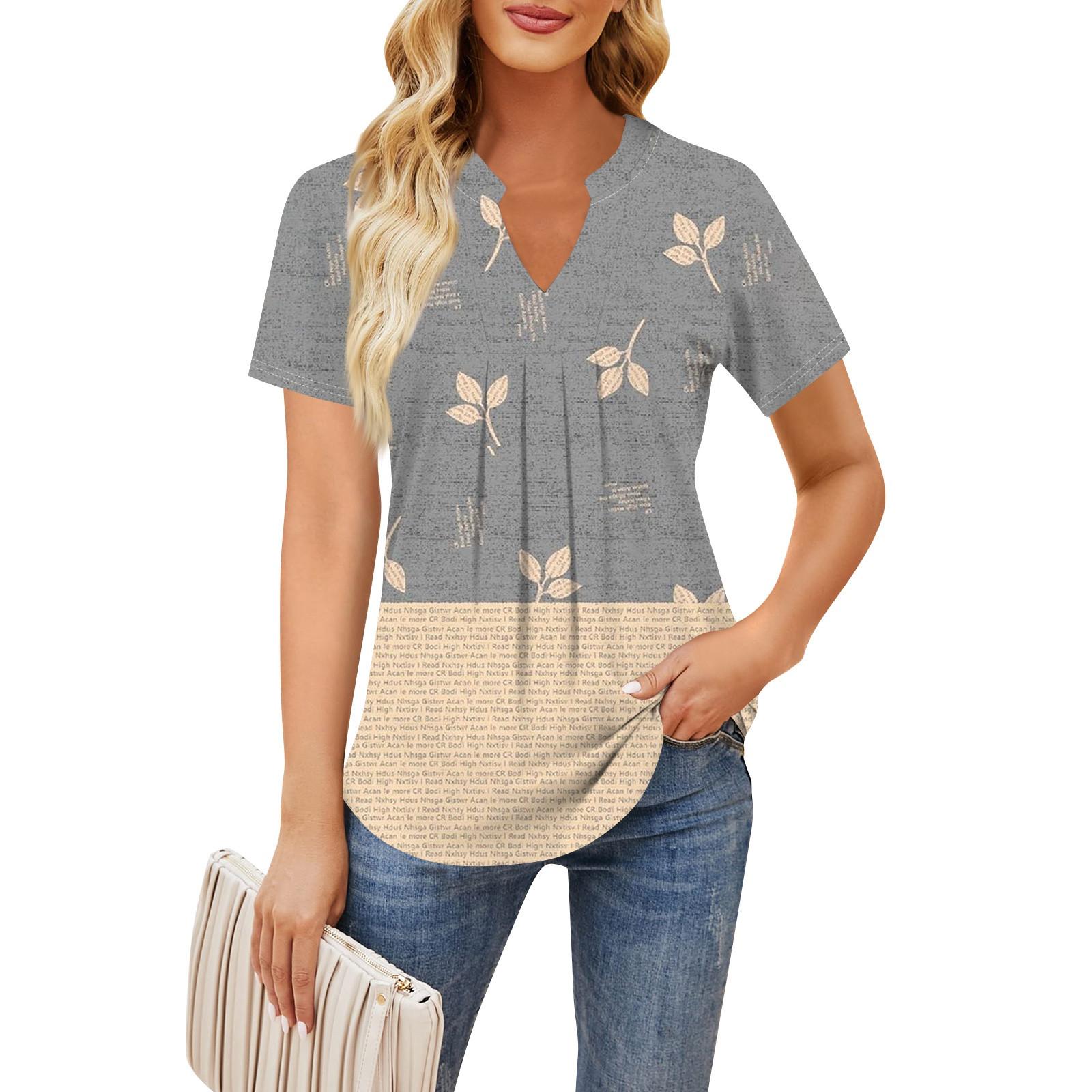 Женская повседневная свободная футболка с коротким рукавом и v-образным вырезом на груди — фото 6