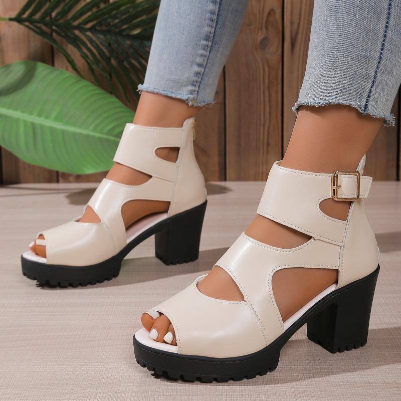 High Heeled Roman Sandals Women's Plus Size 2025 Summer New Thick Heel Cutout Heel Sandals