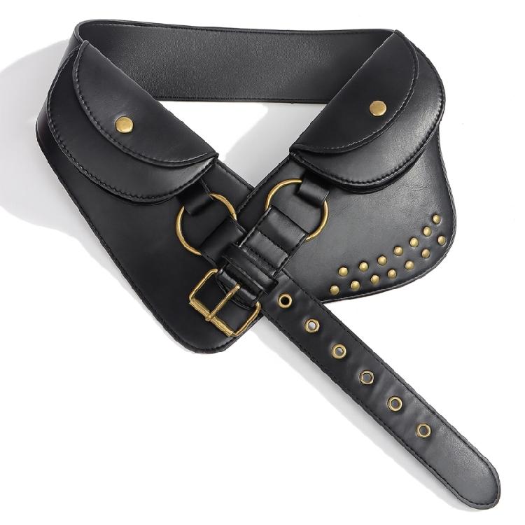 

Trendy Metal Rivets Studded PU Belt with Coin Pocket Wide Belt Corset Band For Women Everyday Outfit and Western Costume 1 чёрный