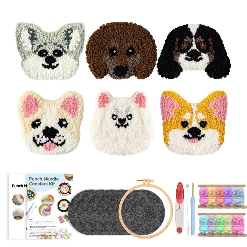 6pcs Punch Needle Embroidery Kit DIY Stitching Coasters Needlecraft Dog Pattern Tufted Rug Pads with Felt Yarns for Beginners