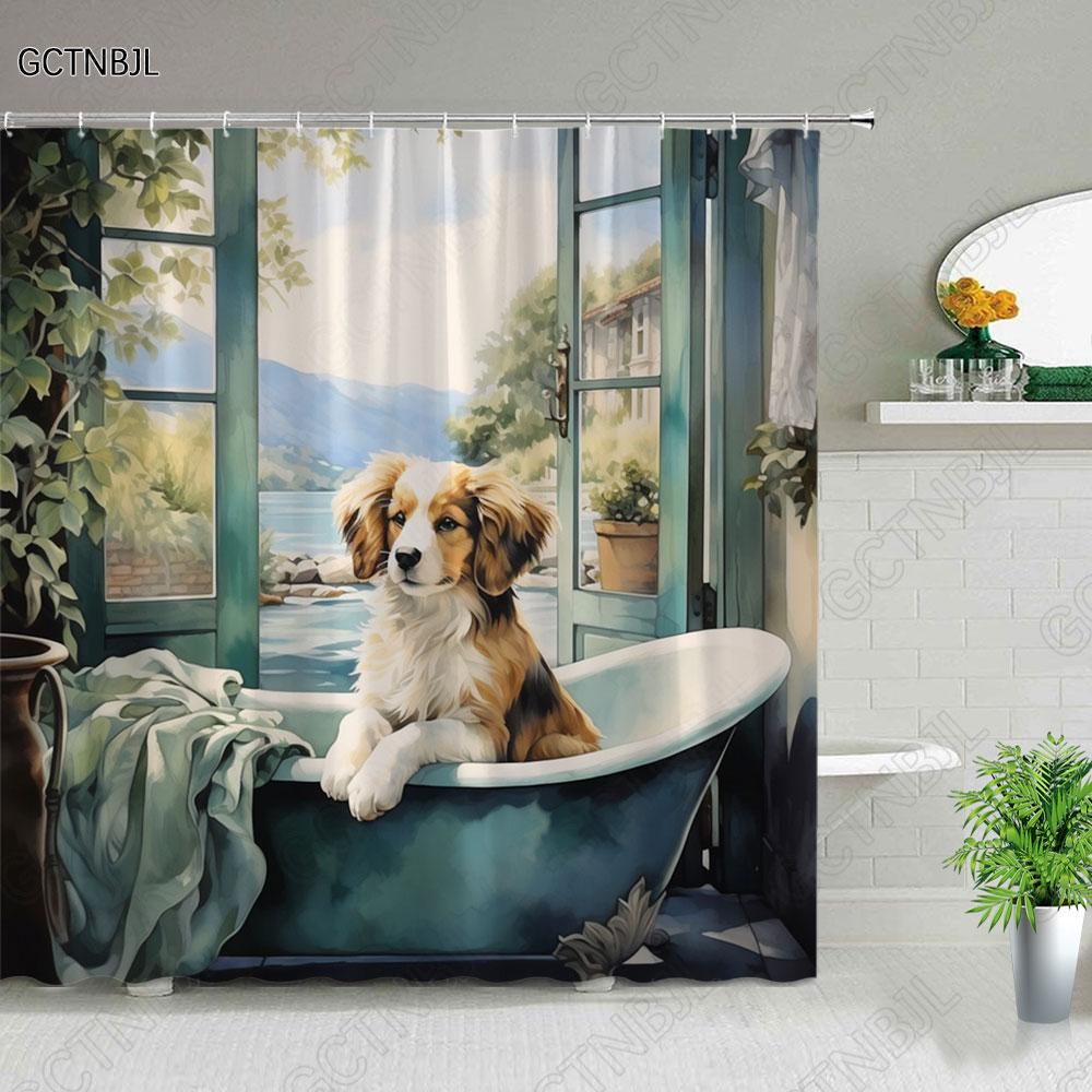 Zwierzę Psa Zasłony Prysznicowe Drukowane w 3D Dekoracja Łazienki Wodoodporna Tkanina Poliestrowa Zasłonka Kąpielowa dla Dzieci Zmywalna Z Haczykami