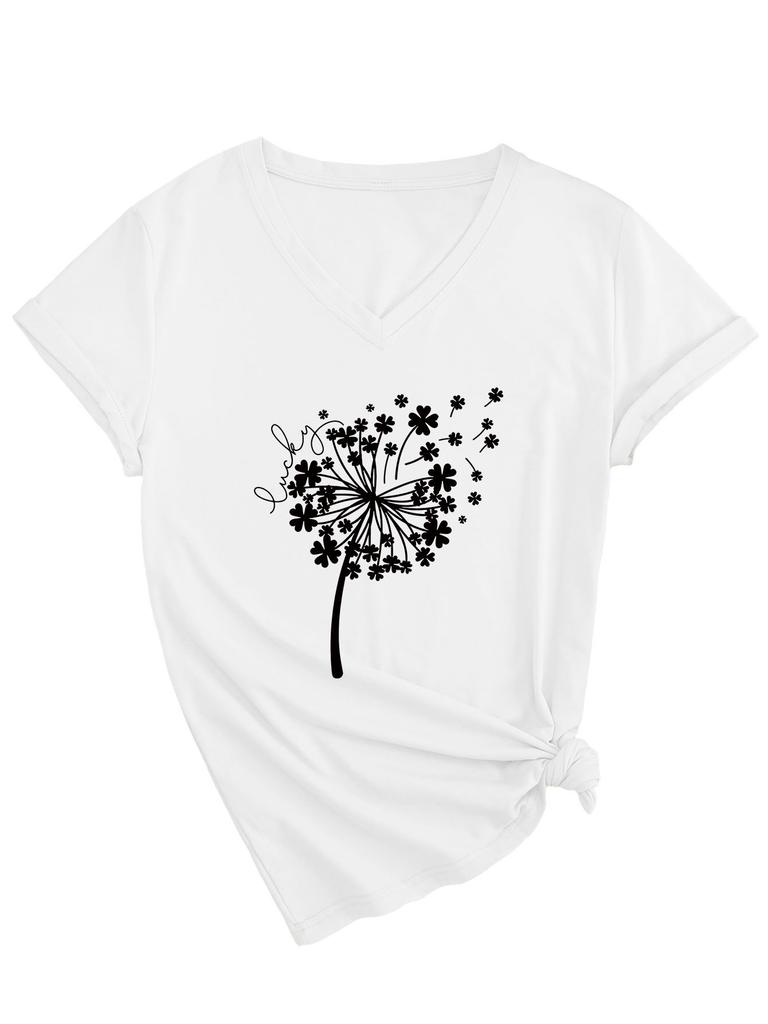 Versatile Comfortable Personality Dandelion Clover Women's V-Neck Short Sleeve T-Shirt