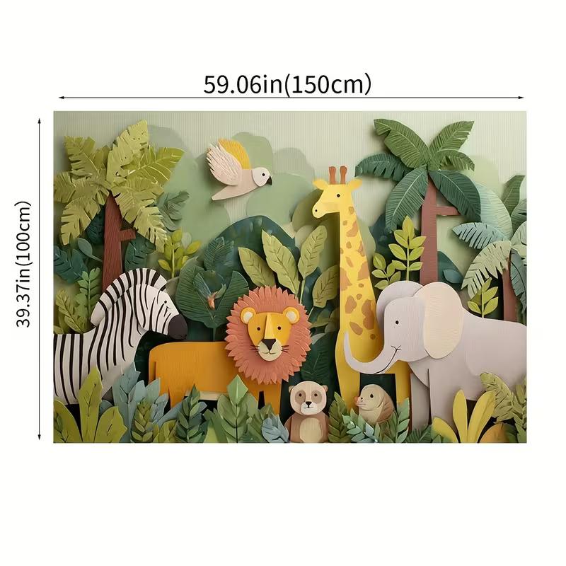 2D Kids Jungle Animals Backdrop, Paper Art Safari Photography Background
