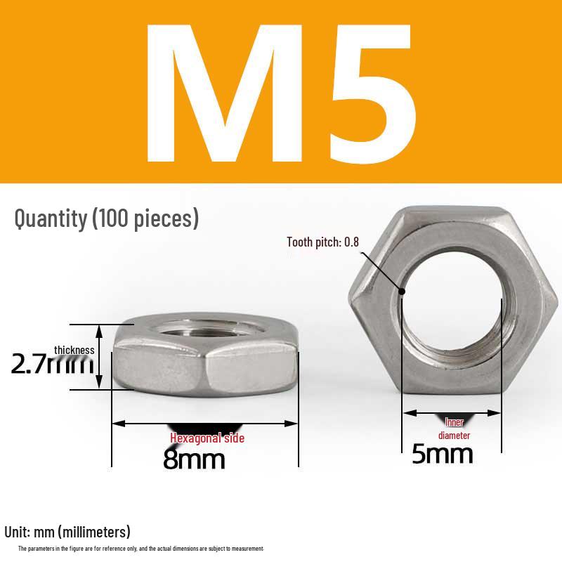 304 Stainless Steel Hex Thin Nut Cap - Sizes M2.5 to M20